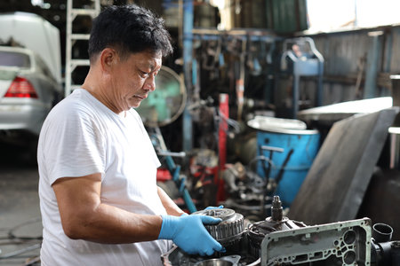 Man technician car mechanic in half uniform checking maintenance a car service at repair garage station. Worker holding wrench and fixing breakdown vehicle. Concept of car center repair service.の写真素材