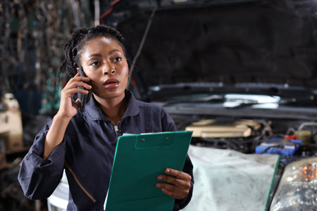 Woman technician car mechanic in uniform checking maintenance a car service with clipboard while...