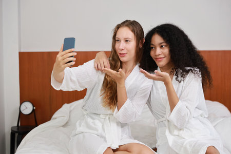 Young happy diversity ethnic beautiful woman in bathrobe sit on bed and playing social media on mobile smart phone and having fun together. Women lesbian couple daily LGBTQ lifestyle and love concept.の写真素材