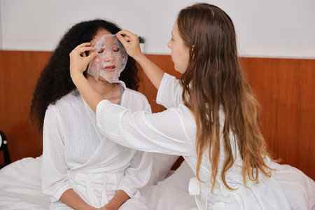 Young happy diversity ethnic beautiful woman in bathrobe sit on bed and doing cosmetic white facial mask for skin care and treatment. Women lesbian couple daily LGBTQ lifestyle and love concept.の写真素材