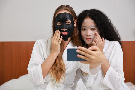 Young happy diversity ethnic beautiful woman in bathrobe sit on bed and playing social media on mobile smart phone and having fun together. Women lesbian couple daily LGBTQ lifestyle and love concept.の写真素材