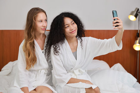 Young happy diversity ethnic beautiful woman in bathrobe sit on bed and playing social media on mobile smart phone and having fun together. Women lesbian couple daily LGBTQ lifestyle and love concept.の写真素材