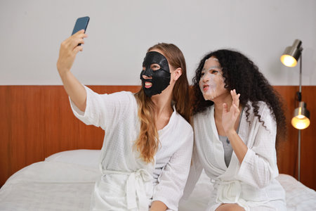 Young diversity ethnic beautiful woman in bathrobe playing social media on smartphone while doing cosmetic facial mask for skin care and treatment. Women lesbian couple daily LGBTQ lifestyle concept.の写真素材