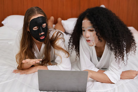 Young diversity ethnic beautiful woman in bathrobe playing social media on computer while doing cosmetic facial mask for skin care and treatment. Women lesbian couple daily LGBTQ lifestyle concept.の写真素材