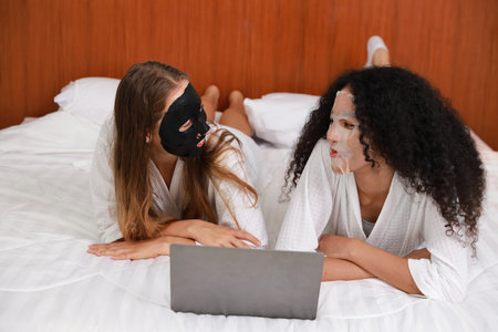 Young diversity ethnic beautiful woman in bathrobe playing social media on computer while doing cosmetic facial mask for skin care and treatment. Women lesbian couple daily LGBTQ lifestyle concept.の写真素材