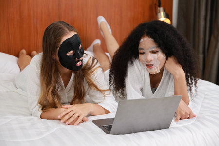 Young diversity ethnic beautiful woman in bathrobe playing social media on computer while doing cosmetic facial mask for skin care and treatment. Women lesbian couple daily LGBTQ lifestyle concept.の写真素材