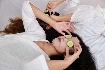 Young happy diversity ethnic beautiful woman in bathrobe lying on bed and doing cosmetic facial mask for skin care and treatment with cucumber slice. Women lesbian couple daily LGBTQ lifestyle conceptの写真素材