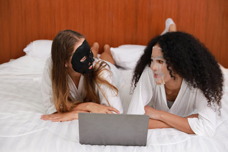 Young diversity ethnic beautiful woman in bathrobe playing social media on computer while doing cosmetic facial mask for skin care and treatment. Women lesbian couple daily LGBTQ lifestyle concept.の写真素材