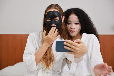 Young diversity ethnic beautiful woman in bathrobe playing social media on smartphone while doing cosmetic facial mask for skin care and treatment. Women lesbian couple daily LGBTQ lifestyle concept.の写真素材