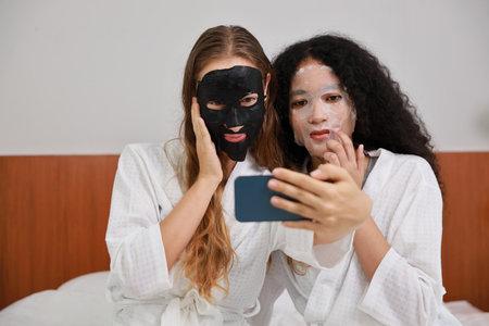 Young happy diversity ethnic beautiful woman in bathrobe sit on bed and playing social media on mobile smart phone and having fun together. Women lesbian couple daily LGBTQ lifestyle and love concept.の写真素材