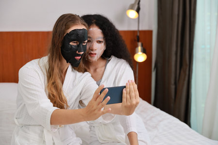 Young happy diversity ethnic beautiful woman in bathrobe sit on bed and playing social media on mobile smart phone and having fun together. Women lesbian couple daily LGBTQ lifestyle and love concept.の写真素材