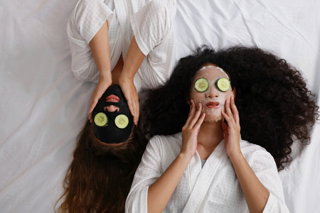 Young happy diversity ethnic beautiful woman in bathrobe lying on bed and doing cosmetic facial mask for skin care and treatment with cucumber slice. Women lesbian couple daily LGBTQ lifestyle conceptの写真素材