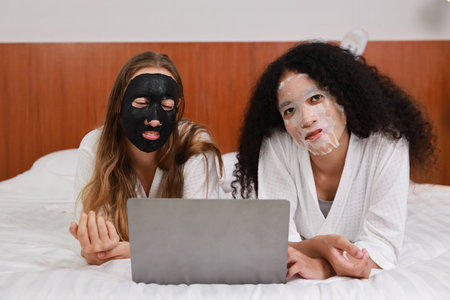 Young diversity ethnic beautiful woman in bathrobe playing social media on computer while doing cosmetic facial mask for skin care and treatment. Women lesbian couple daily LGBTQ lifestyle concept.の写真素材