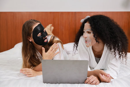 Young diversity ethnic beautiful woman in bathrobe playing social media on computer while doing cosmetic facial mask for skin care and treatment. Women lesbian couple daily LGBTQ lifestyle concept.の写真素材