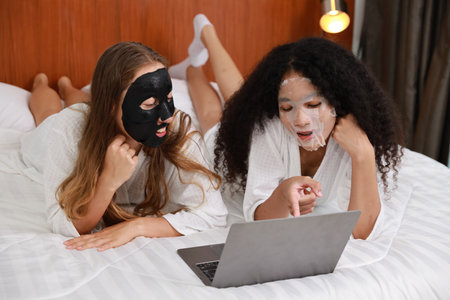 Young diversity ethnic beautiful woman in bathrobe playing social media on computer while doing cosmetic facial mask for skin care and treatment. Women lesbian couple daily LGBTQ lifestyle concept.の写真素材