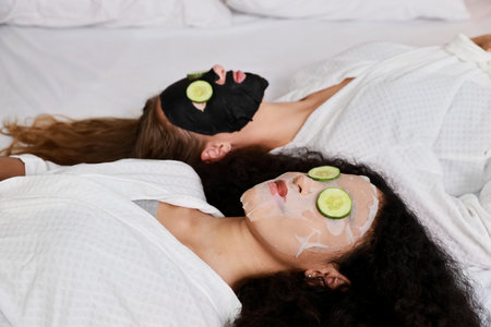 Young happy diversity ethnic beautiful woman in bathrobe lying on bed and doing cosmetic facial mask for skin care and treatment with cucumber slice. Women lesbian couple daily LGBTQ lifestyle conceptの写真素材