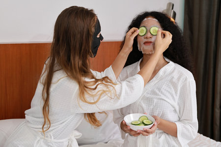 Young happy diversity ethnic beautiful woman in bathrobe sit on bed and doing cosmetic facial mask for skin care and treatment with cucumber slice. Women lesbian couple daily LGBTQ lifestyle concept.の写真素材