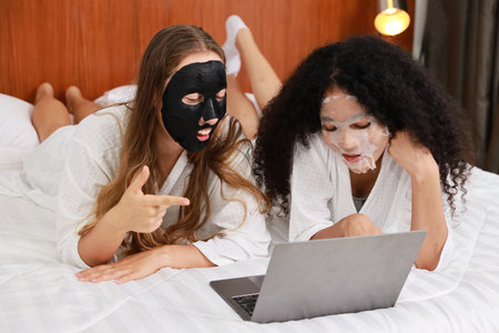 Young diversity ethnic beautiful woman in bathrobe playing social media on computer while doing cosmetic facial mask for skin care and treatment. Women lesbian couple daily LGBTQ lifestyle concept.の写真素材