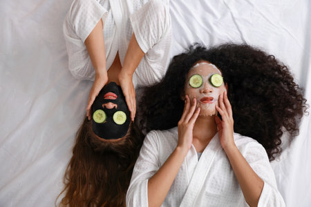 Young happy diversity ethnic beautiful woman in bathrobe lying on bed and doing cosmetic facial mask for skin care and treatment with cucumber slice. Women lesbian couple daily LGBTQ lifestyle conceptの写真素材