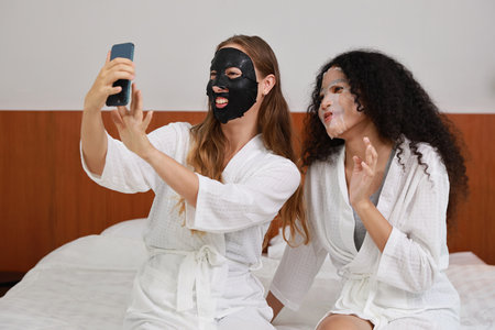 Young diversity ethnic beautiful woman in bathrobe playing social media on smartphone while doing cosmetic facial mask for skin care and treatment. Women lesbian couple daily LGBTQ lifestyle concept.の写真素材