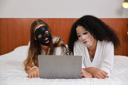 Young diversity ethnic beautiful woman in bathrobe playing social media on computer while doing cosmetic facial mask for skin care and treatment. Women lesbian couple daily LGBTQ lifestyle concept.の写真素材