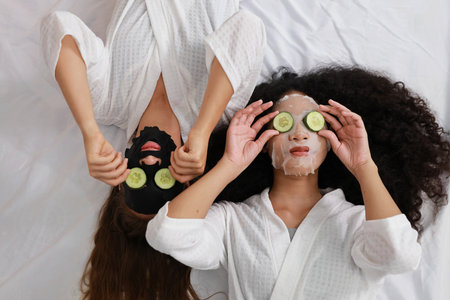 Young happy diversity ethnic beautiful woman in bathrobe lying on bed and doing cosmetic facial mask for skin care and treatment with cucumber slice. Women lesbian couple daily LGBTQ lifestyle conceptの写真素材