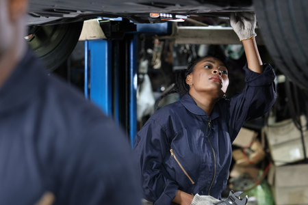 Group of car mechanic in uniform checking maintenance a lifted car service with clipboard at repair garage station. Worker holding wrench and fixing breakdown vehicle. Car repair service conceptの写真素材