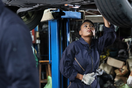 Woman technician car mechanic in uniform checking maintenance a lifted car service at repair garage station. Worker using flashlight and wrench fixing breakdown vehicle. Car repair service concept.の写真素材