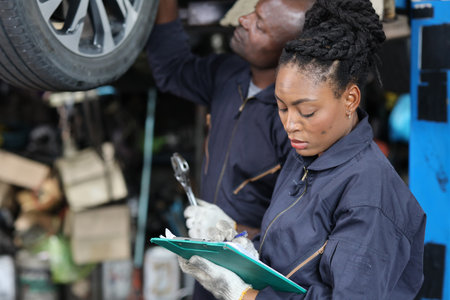 Group of car mechanic in uniform checking maintenance a lifted car service with clipboard at repair garage station. Worker holding wrench and fixing breakdown vehicle. Car repair service conceptの写真素材