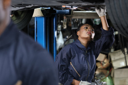 Group of car mechanic in uniform checking maintenance a lifted car service with clipboard at repair garage station. Worker holding wrench and fixing breakdown vehicle. Car repair service conceptの写真素材