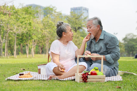 Happy asian senior man and woman sitting on blanket and having fun on picnic together in garden outdoor. Lover couple eating food and embracing at the park. Happiness marriage lifestyle concept.の写真素材