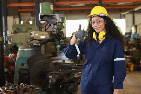 Technician engineer or worker woman in protective suit smiling and showing thumb up maintenance...