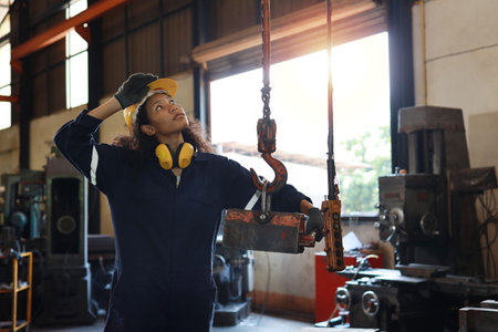 Technician engineer or worker woman in protective uniform with safety hardhat standing and maintenance operation or checking overhead crane remote control at heavy industry manufacturing factoryの写真素材