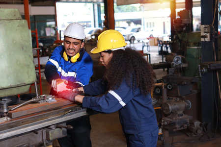 Young technician engineer or worker man in protective uniform had a hand accident on lathe machine...