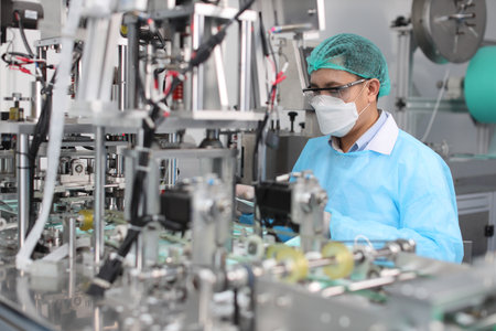 Worker in personal protective equipment or PPE inspecting quality of mask and medical face mask production line in factory, manufacturing industry and factory concept.の写真素材