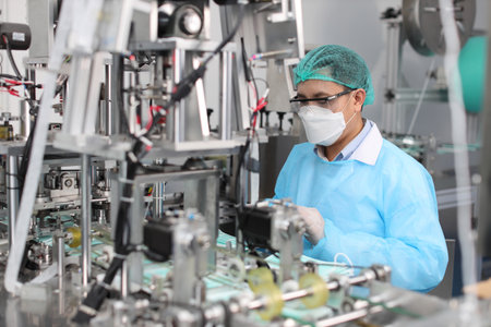 Worker in personal protective equipment or PPE inspecting quality of mask and medical face mask production line in factory, manufacturing industry and factory concept.の写真素材
