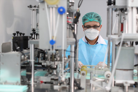 Worker in personal protective equipment or PPE inspecting quality of mask and medical face mask production line in factory, manufacturing industry and factory concept.の写真素材