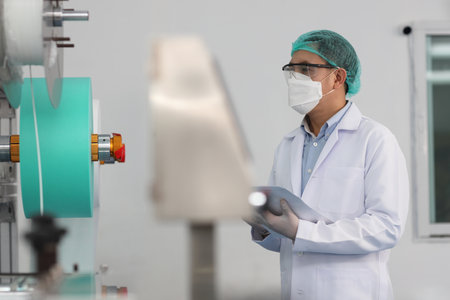 Worker man in personal protective equipment or PPE inspecting quality of mask and medical face mask production line in factory, manufacturing industry and factory concept.の写真素材