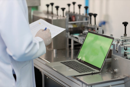 Inspector man or worker male hands doing quality of mask and medical face mask production line with blank green screen computer, Industry and factory concept.の写真素材