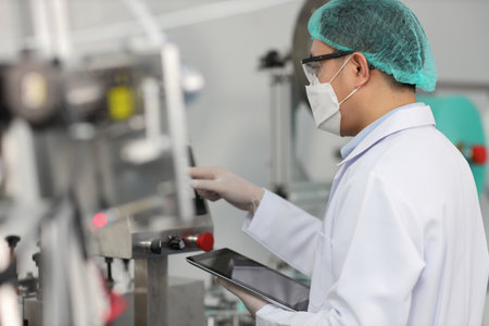 Worker in personal protective equipment or PPE inspecting quality of mask and medical face mask production line in factory, manufacturing industry and facの写真素材