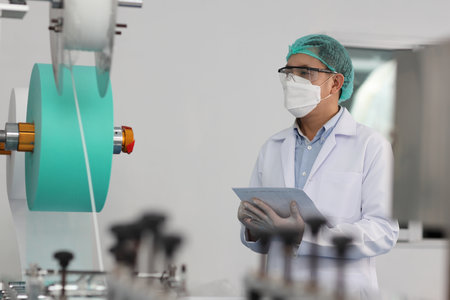 Worker man in personal protective equipment or PPE inspecting quality of mask and medical face mask production line in factory, manufacturing industry and factory concept.の写真素材
