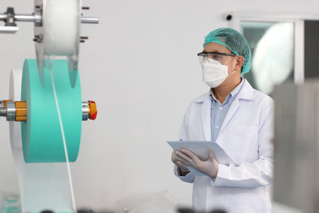 Worker man in personal protective equipment or PPE inspecting quality of mask and medical face mask production line in factory, manufacturing industry and factory concept.の写真素材