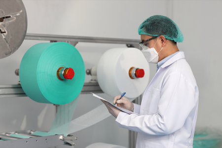 Worker man in personal protective equipment or PPE inspecting quality of mask and medical face mask production line in factory, manufacturing industry and factory concept.の写真素材