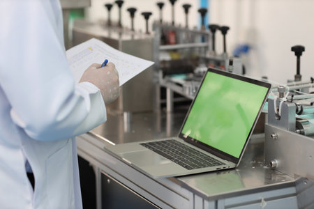 Inspector man or worker male hands doing quality of mask and medical face mask production line with blank green screen computer, Industry and factory concept.の写真素材