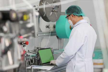 Inspector man or worker male doing quality of mask and medical face mask production line with blank green screen computer, Industry and factory concept.の写真素材