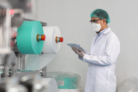 Worker man in personal protective equipment or PPE inspecting quality of mask and medical face mask production line in factory, manufacturing industry and factory concept.の写真素材