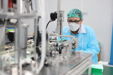 Worker in personal protective equipment or PPE inspecting quality of mask and medical face mask production line in factory, manufacturing industry and factory concept.の写真素材