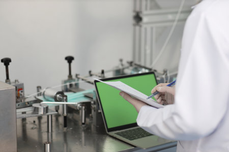 Inspector man or worker male hands doing quality of mask and medical face mask production line while writing something on paperwork with blank green screen computer, Industry and factory concept.の写真素材