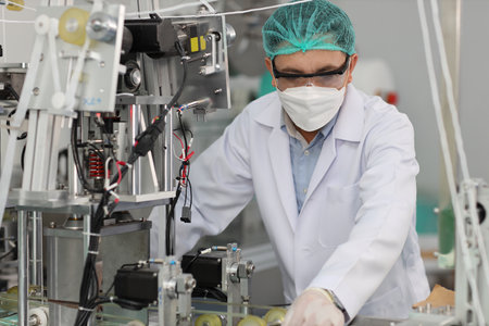 Worker in personal protective equipment or PPE inspecting quality of mask and medical face mask production line in factory, manufacturing industry and factory concept.の写真素材