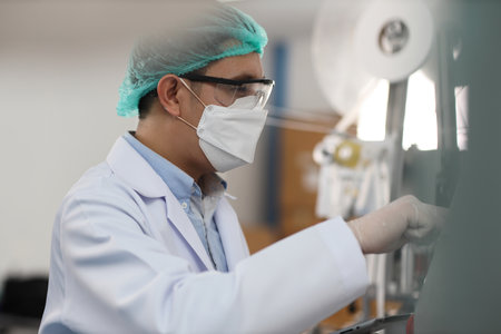 Worker in personal protective equipment or PPE inspecting quality of mask and medical face mask production line in factory, manufacturing industry and facの写真素材